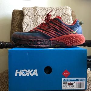 Hoka Mens speedgoat4 size 12 2E wide. Fiesta red and provincial blue.